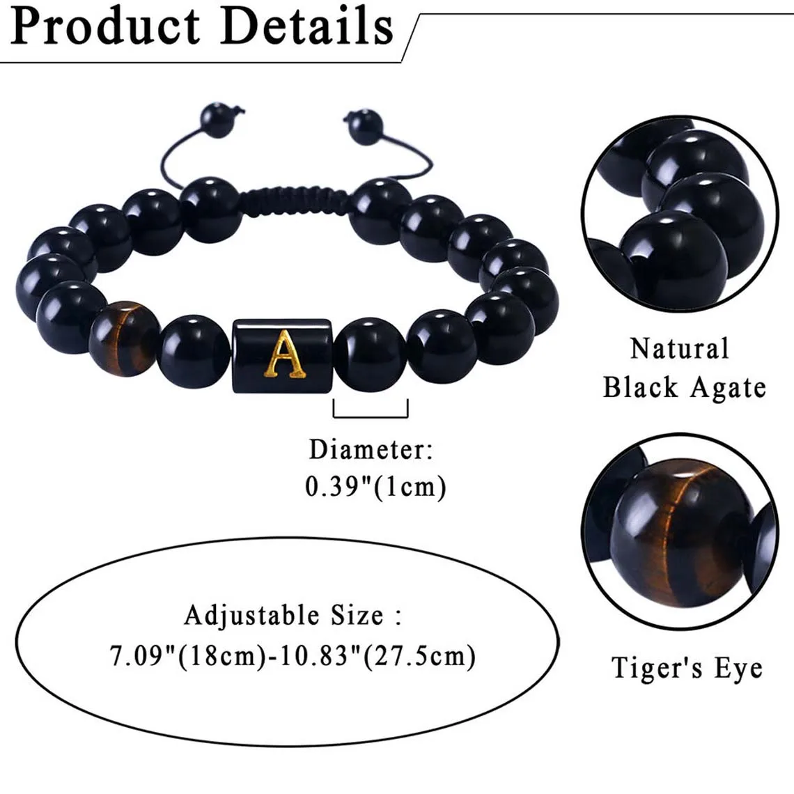 Custom Name A-Z letter Black Agate Man Bracelet Natural Crystal Healing Meditation Stacked Adjustable Friendship Bracelets Women