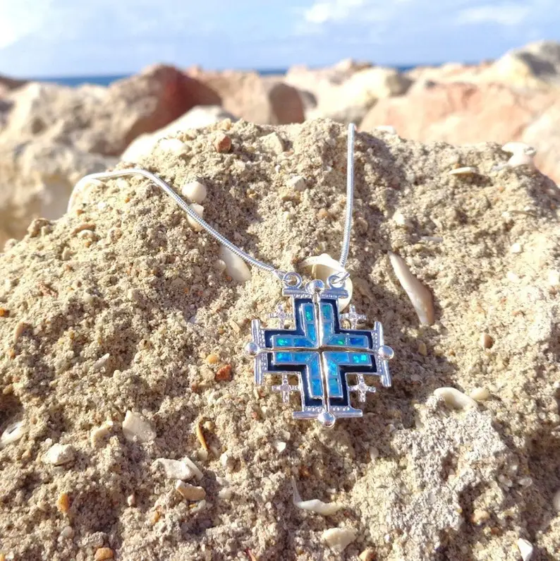 High Quality Gold Plated Men Solid 925 Sterling Silver Holy Orthodox Opal Stone Jerusalem Cross Pendant Chain Necklace