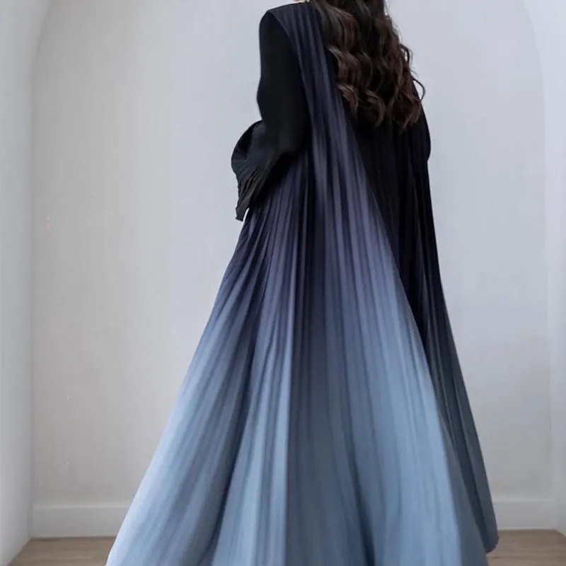 New Long Pleated Horn Sleeve Gradient Color Cardigan Muslim Oversized Skirt