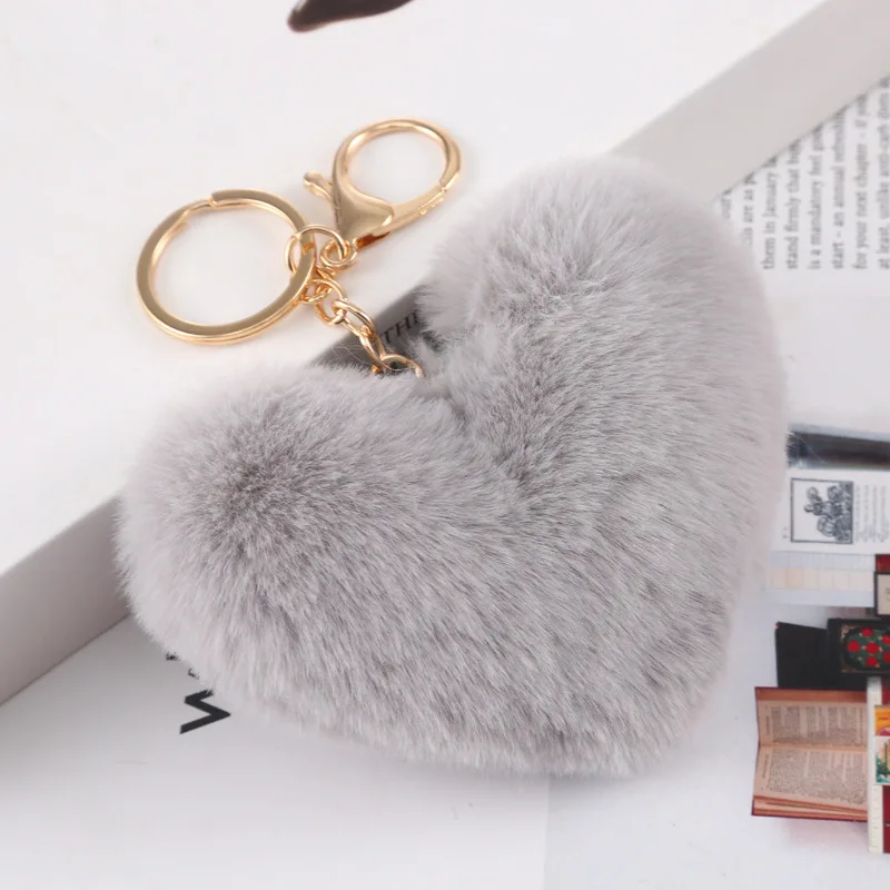 Soft Cute Furball Pompom Heart Shaped Plush Fluffy Balls Rabbit Fur Pom Pom Keychain