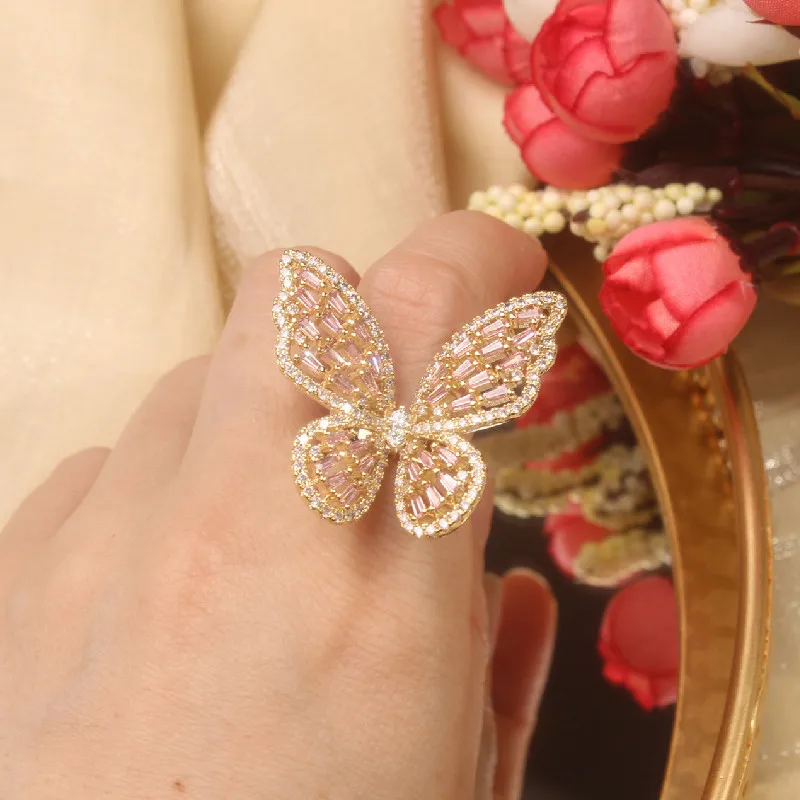 2021 Jewelry Women Beautiful CZ Micro Zircon Butterfly Open Ring Silver Rhinestone Vibrator Butterfly Ring For Party