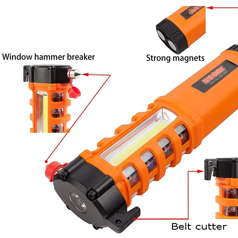 Led Megnetic Work Light Inspection Lamp With With Safety Hammer & Belt Cutter and Warning Flashlight