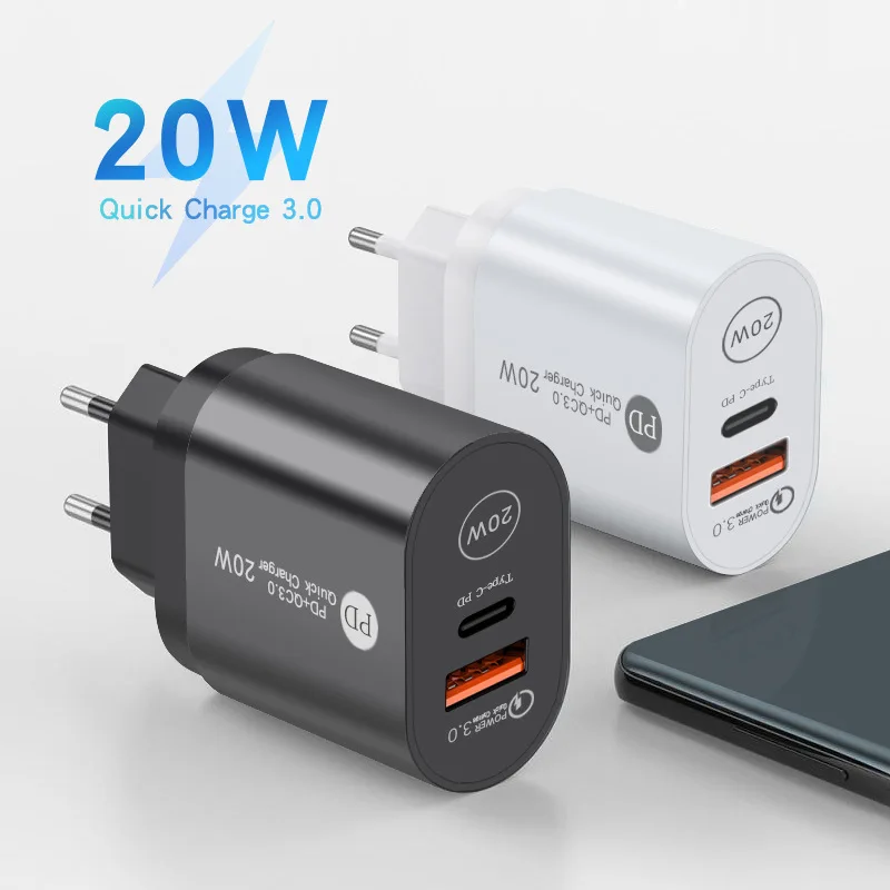 2022  new Wholesale On stock PD 20w super charge dual port usb wall charger type c fast charging qc 3.0 usb c pd charger adapter