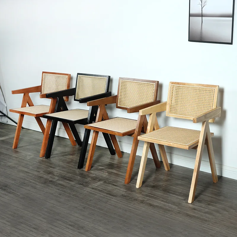 High Quality French dining chairs solid wood wooden furniture garden restaurant living room chairs rattan arm chair