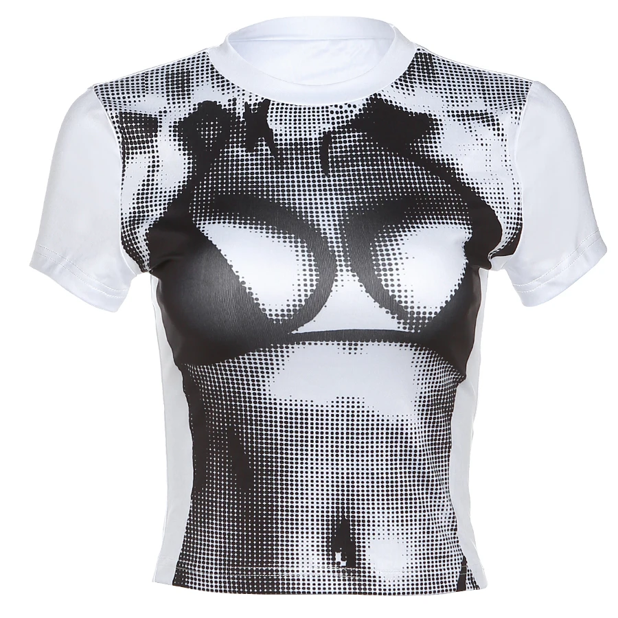 Kliou K23L40065 Y2k Clothing 3D Print Short Sleeve Tees Tight Fitting T Shirt Women Crop Top