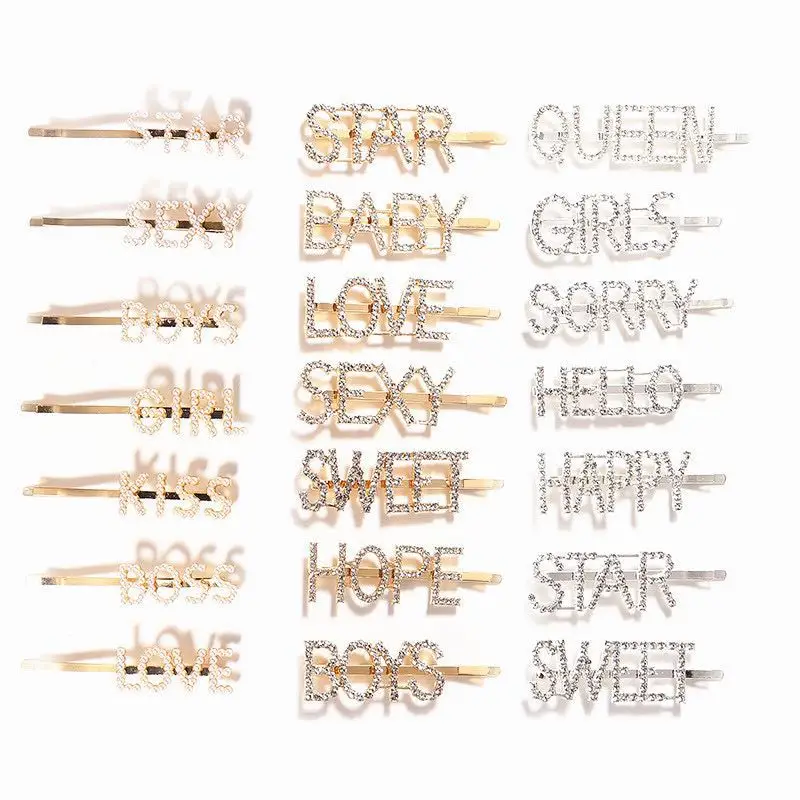 
SHARON FJ093 Fashion Gold Word Barrettes Bling Rhinestone Crystal Words Zodiac Hair Clips Hairpins Babby Pins 
