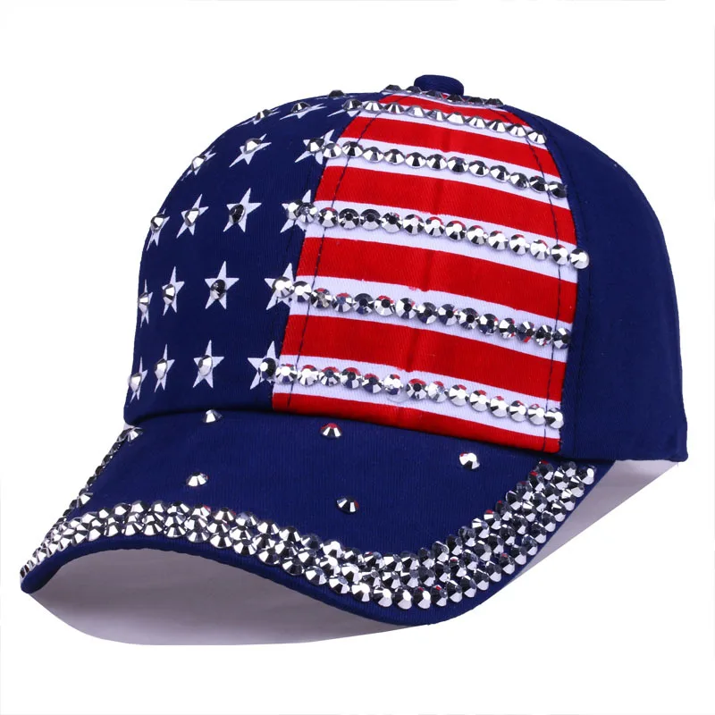 Custom Adjustable American Flag Bling Rhinestone Campaign Baseball Hat Diamonds USA Sport Snapback Hats Cap