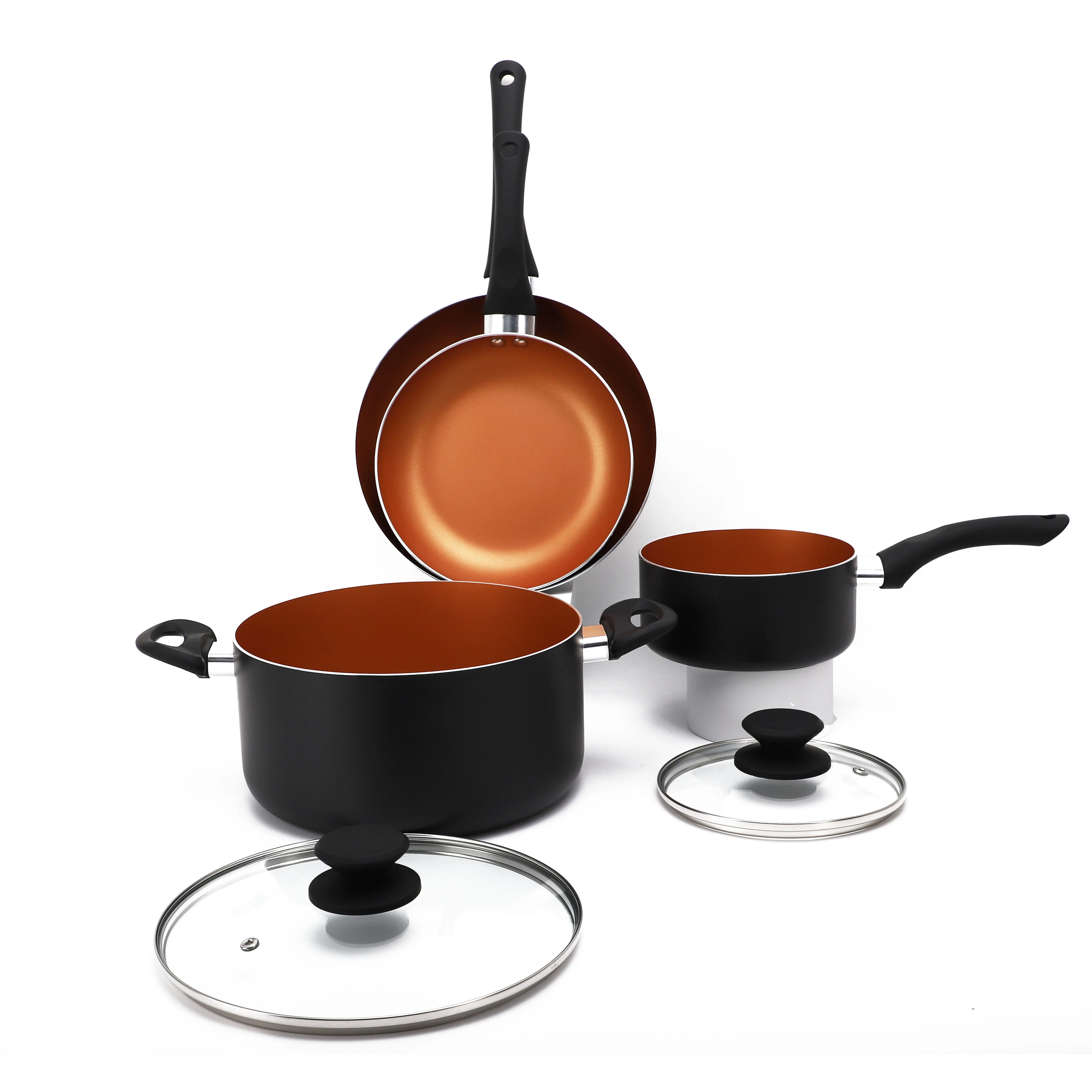 6 pieces bronze coloured non stick coating Pots and Pans Cookware  with Ergonomic Soft Touch Handle
