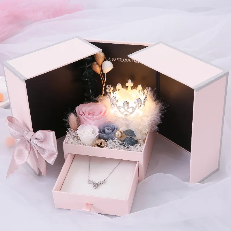 Valentine Teddy Bear Rose Necklace Gift Box artificial flower gift box never die eternal flower roses with gift box