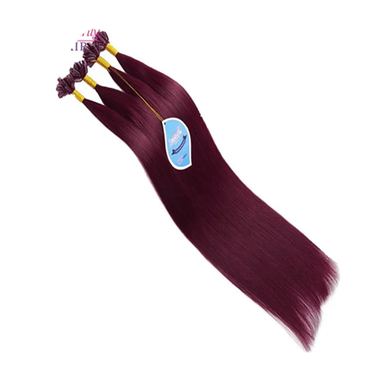 
Keratin hair extension russian human hair red plum wine color prebonded flat tip hair extensions 