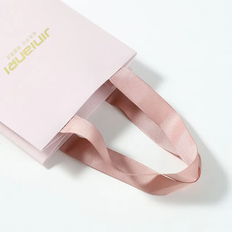 Pink Cardboard Shopping Paper Bags With Logos Custom Shoes Clothing Packaging Retail Craft Gift Paper Bag Ribbon