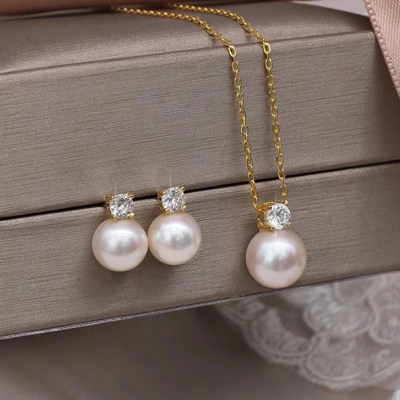 Classic Simple Design Zircon Round Freshwater Pearl Jewelry Women Wedding Party Natural Pearl Pendant Necklace Earrings Set