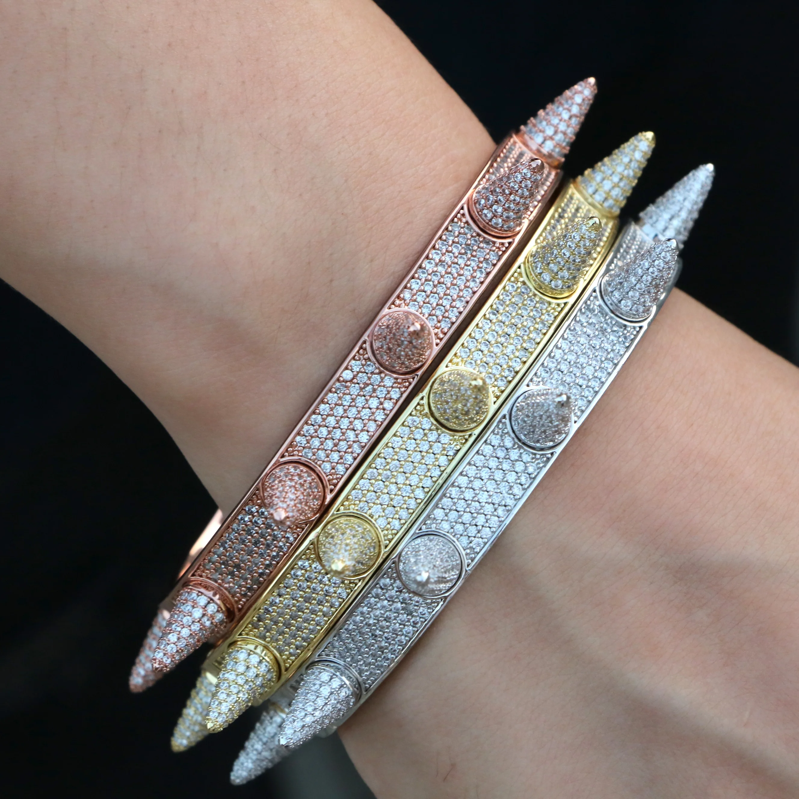 Factory Made Hot Iced Out Full Diamond Spiked Bracelets Women Bangle for Men