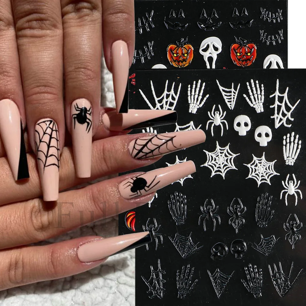 2022 New Halloween 5D Embossed Nail Stickers Skulls Ghosts Dark Flowers Self Adhesive Cartoon Nail Art Stickers
