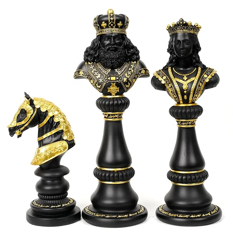 Chess Sculpture with Knight Queen and King  Set of 3  Resin Figurine Chess Piece Ornament