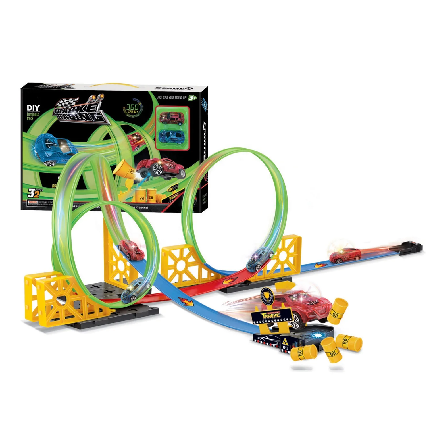 32pcs Pull Back Slot Car Play Set with Luminous Track and Lighting Car