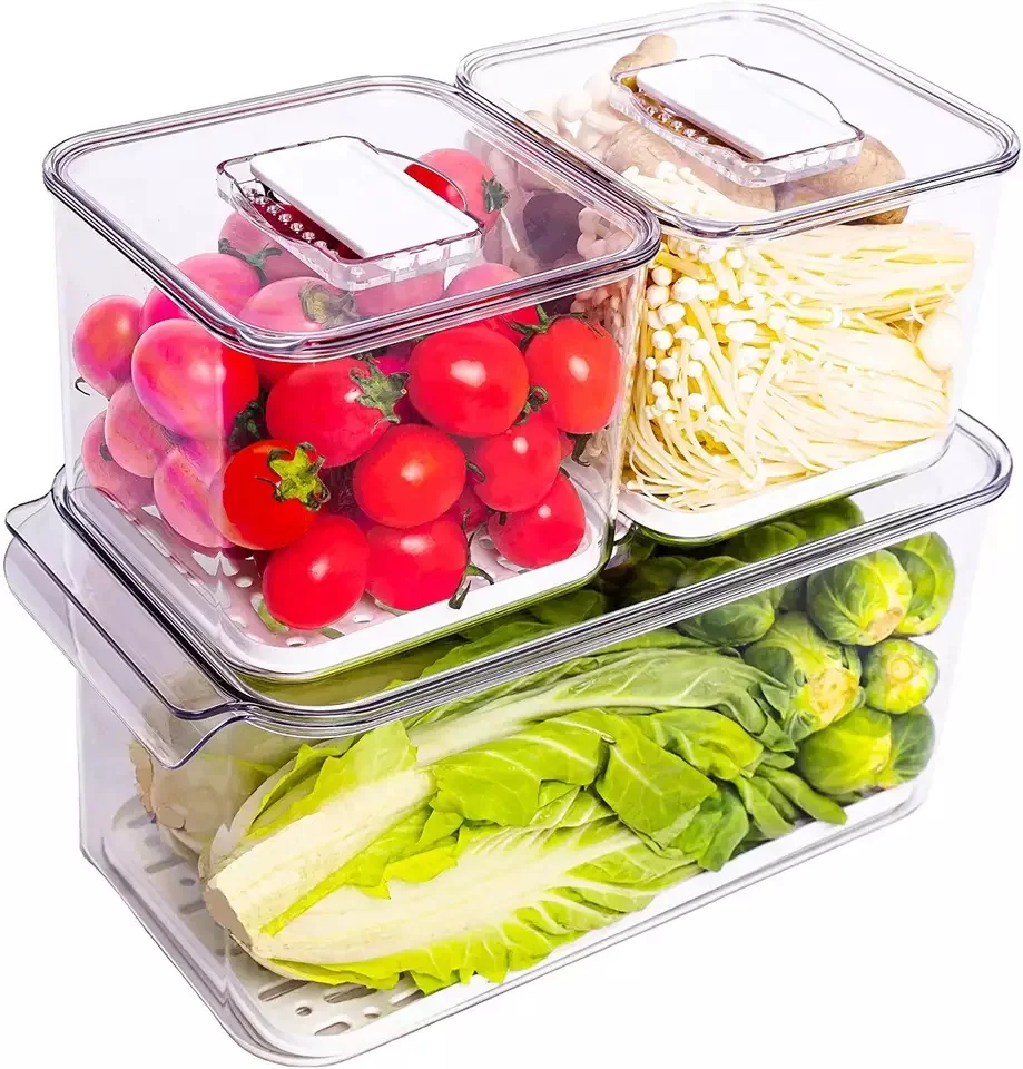 3 pieces Set stackable fridge organizers, Fresh Keeper Drawer Bin With Removable Drain Tray