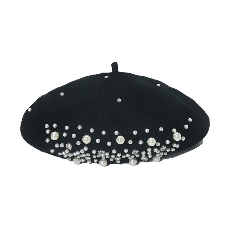 2024 Factory wholesale high quality autumn winter Lady Korean version British pearl point diamond wool painter hat bud Beret hat