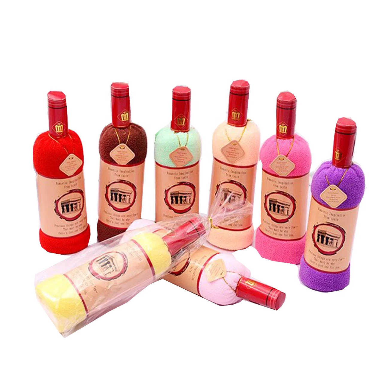 Fast Shipping 35x75cm Cotton Fiber Wine Bottle Shape Cake Towel in Opp Gift Bag Souvenir Towels