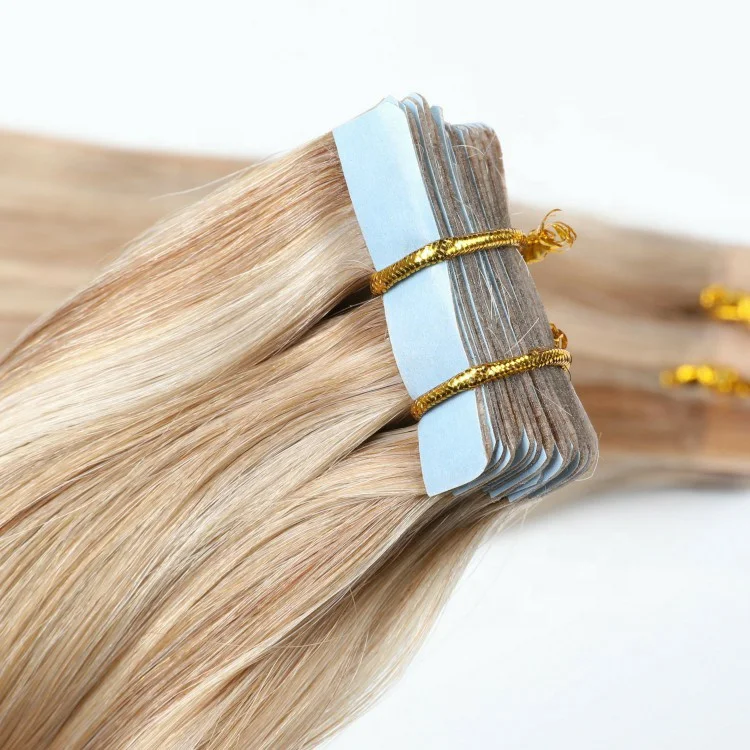 Russian Double Drawn Human Hair Extensions Blonde Balayage Color Remy Cuticle Tape In Hair