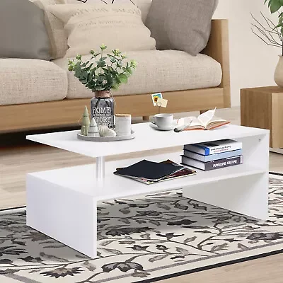 2 Tier Coffee Table End/Side Table Modern Design w/Open Shelf Living Room White