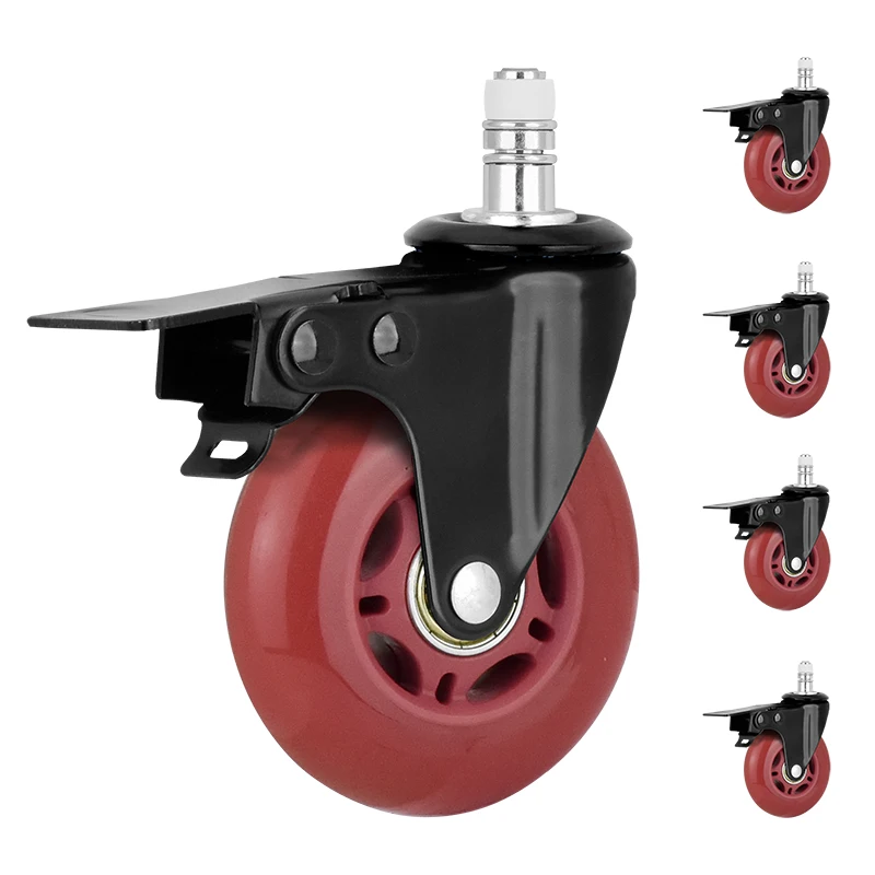 Universal 3 Inch Swivel Wheels Furniture Chair Casters PU Office Chair Caster Wheel with Mute Inserts Double Ball Dual Brake