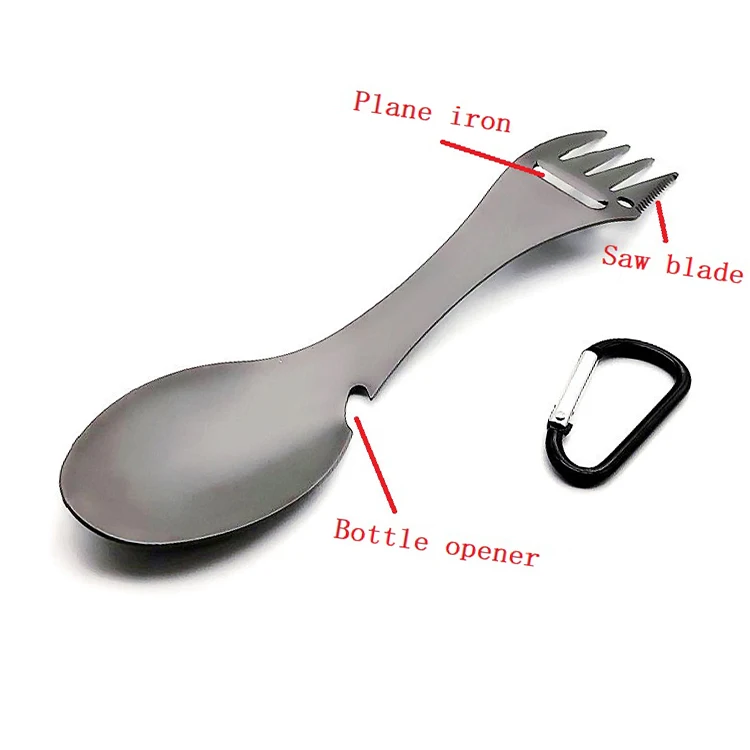Titanium Coating Stainless Steel Metal Multi Function Camping Utensils Camping Spork With Bottle Opener
