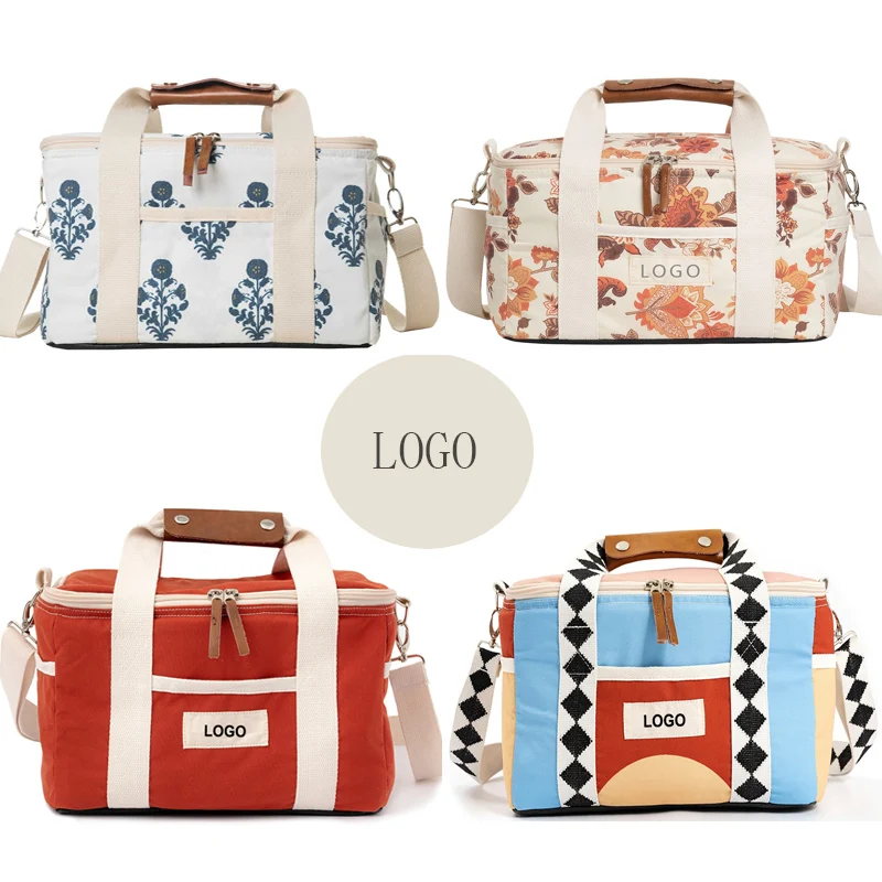 Customize Logo Eco-Friendly Beach Picnic Vintage Premium Canvas Insulated Cooler Bag With Leather Handles For Food Drinks Cold
