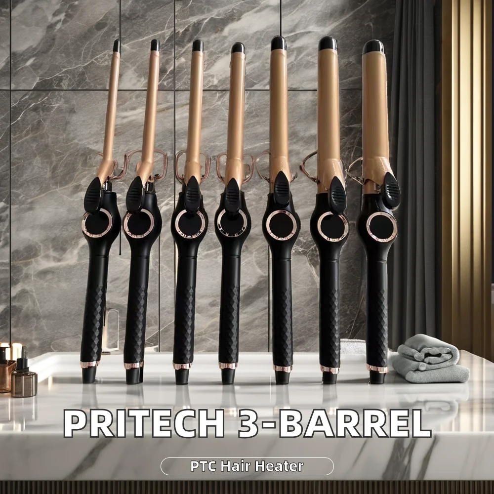 PRITECH Professional Ceramic Hair Curler New 3 Barrel Wavy Iron LCD Display Three Tubes with PTC Heater Best Price