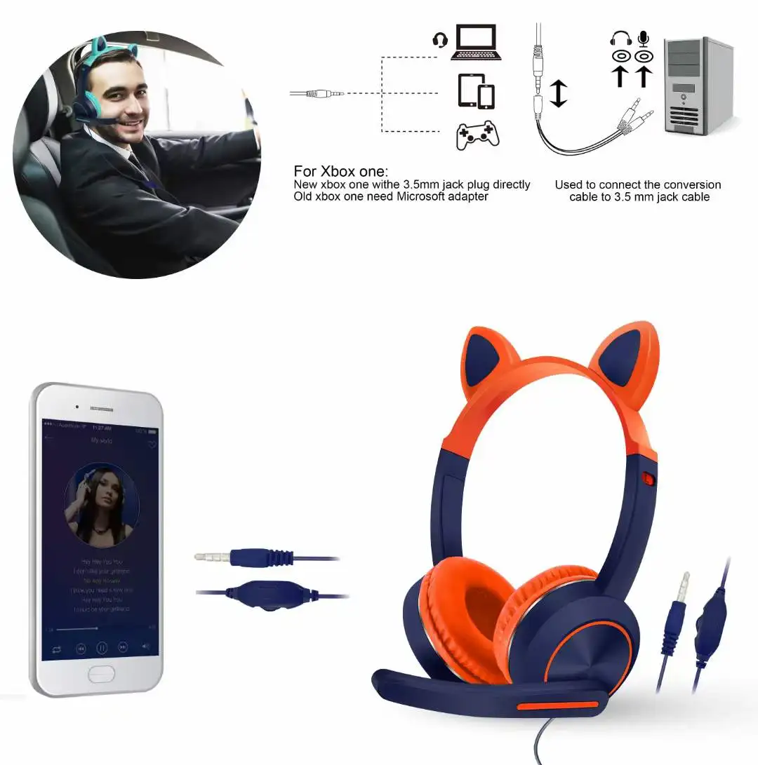 Headset Cat Ear OEM Gaming BT Best Gamer PC Waterproof Cool RGB Pink Wired Cute Headphones