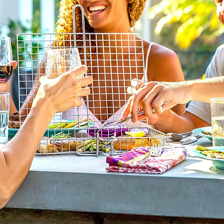 [AMZ HOT Sale]Stainless Steel Grilled Chicken Rack Wire Mesh Net Folder Basket Portable Fish Bbq Grill Set Basket