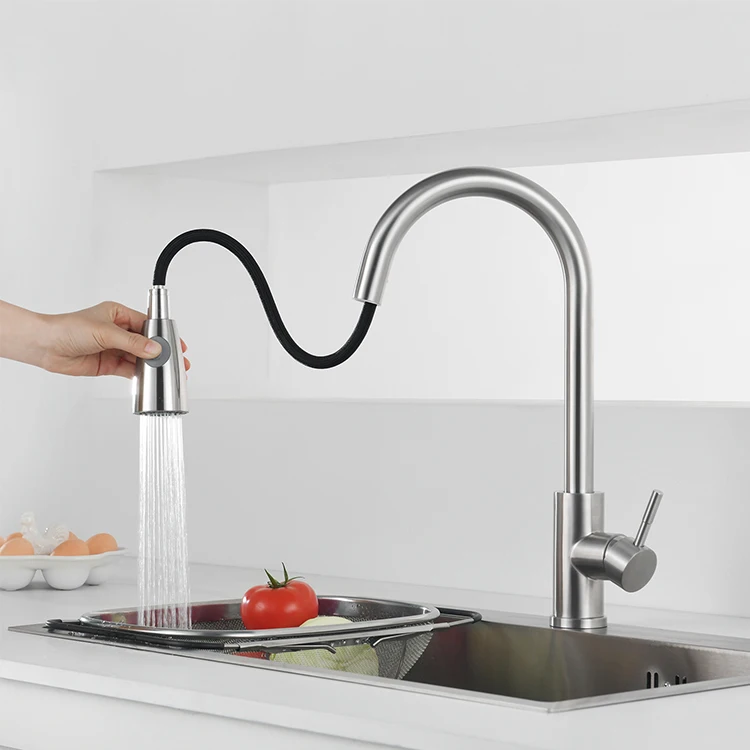 SANIPRO Stainless Steel 360 Degree Rotating Sink Cold and Hot Water Mixing Faucet Kitchen Pull Out Tap