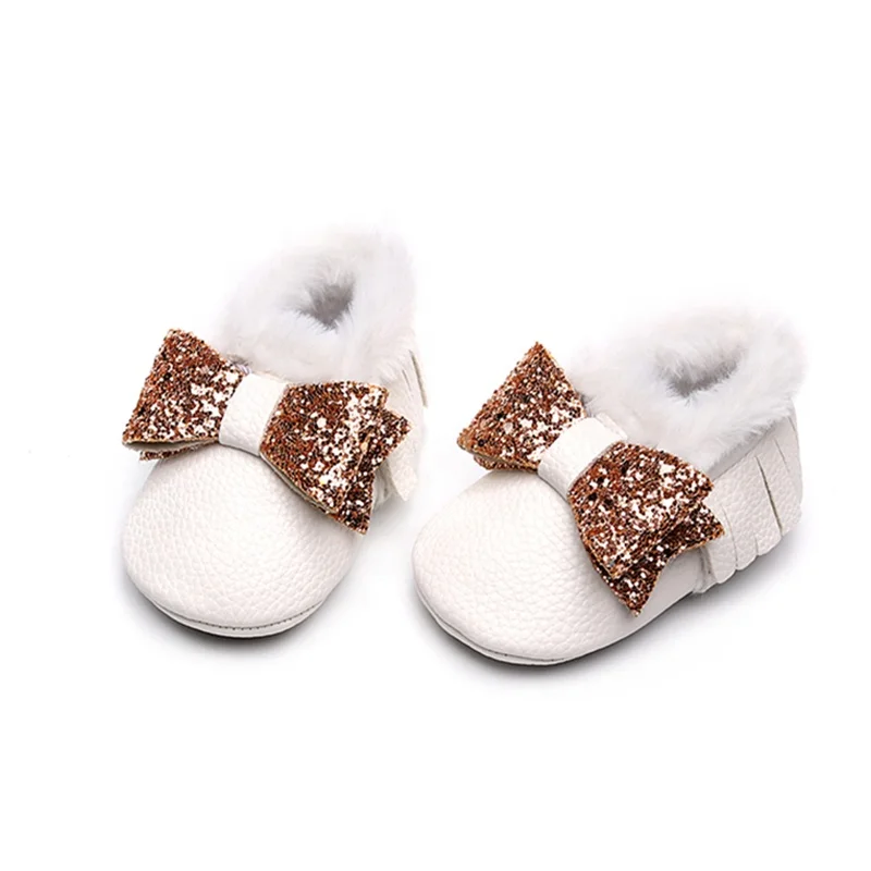 EVERTOP blingbling bowknot fluffy inner elegant baby girl winter shoes prewalker moccasins