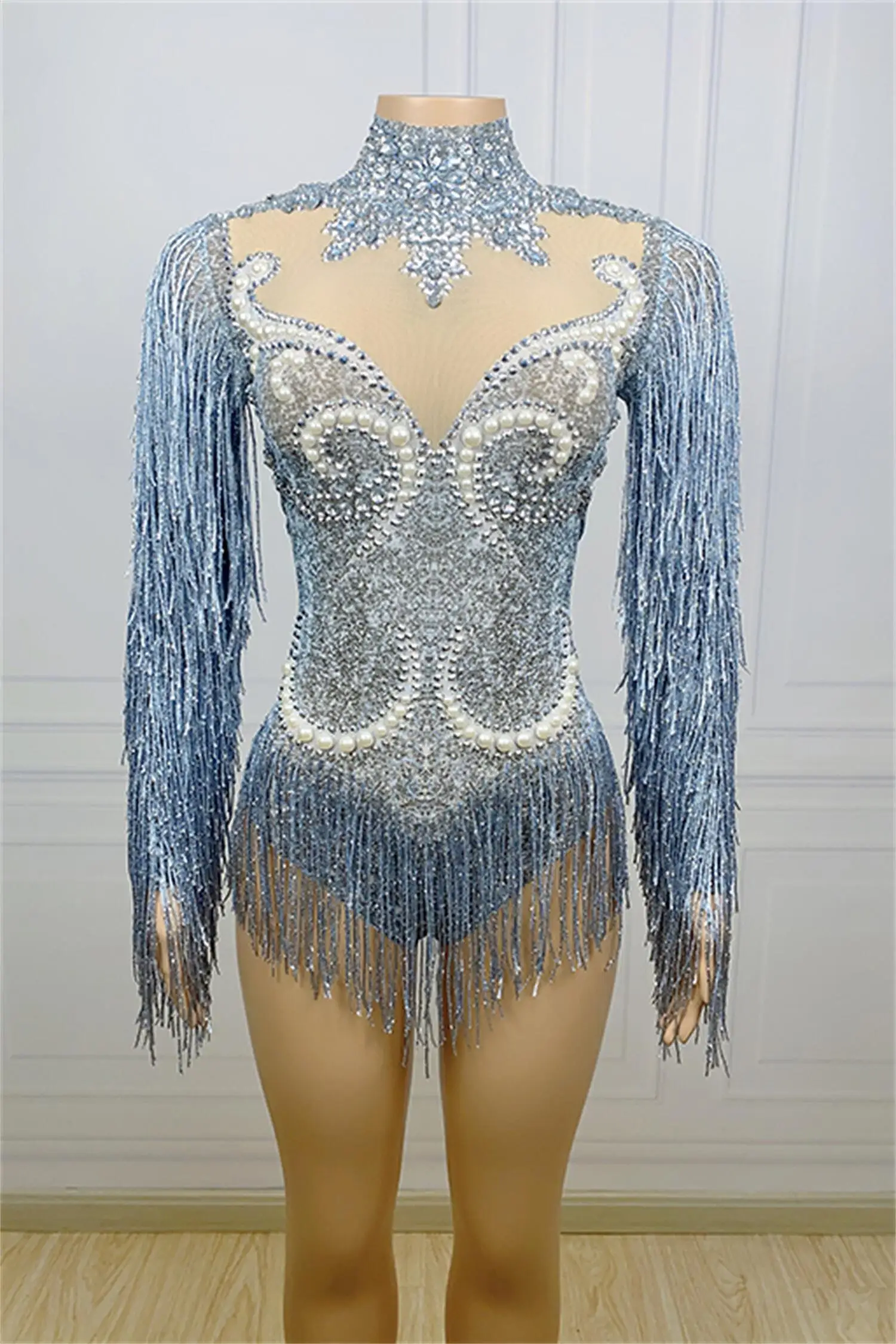 Sexy Long Sleeves Tassel Pearls One Piece Short Jumpsuit Stripper Outfits Dancewear Women Stage Performance Rhinestone Bodysuit