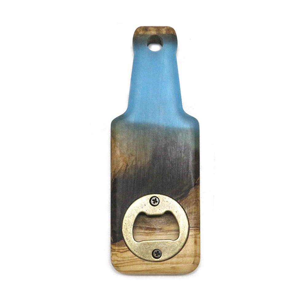 Custom Logo Beverage Bottle Shaped Olive Wood and Epoxy Resin Bottle Opener for Beer