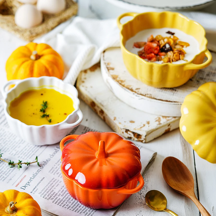 Wholesale Food Cute Steamed Egg Pumpkin Bakeware Bowl Tableware Ceramic Decoration Soup Bowl With Handle