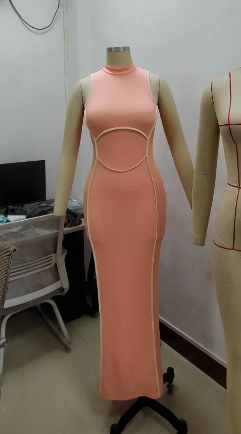 Fashion design summer stretch high collar sleeveless dress sheath bodycon dress long floor dress
