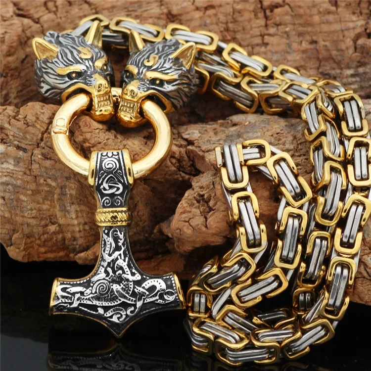 Punk Stainless Steel Byzantine Chain Necklace Men North Viking Wolf Thor Hammer Necklace