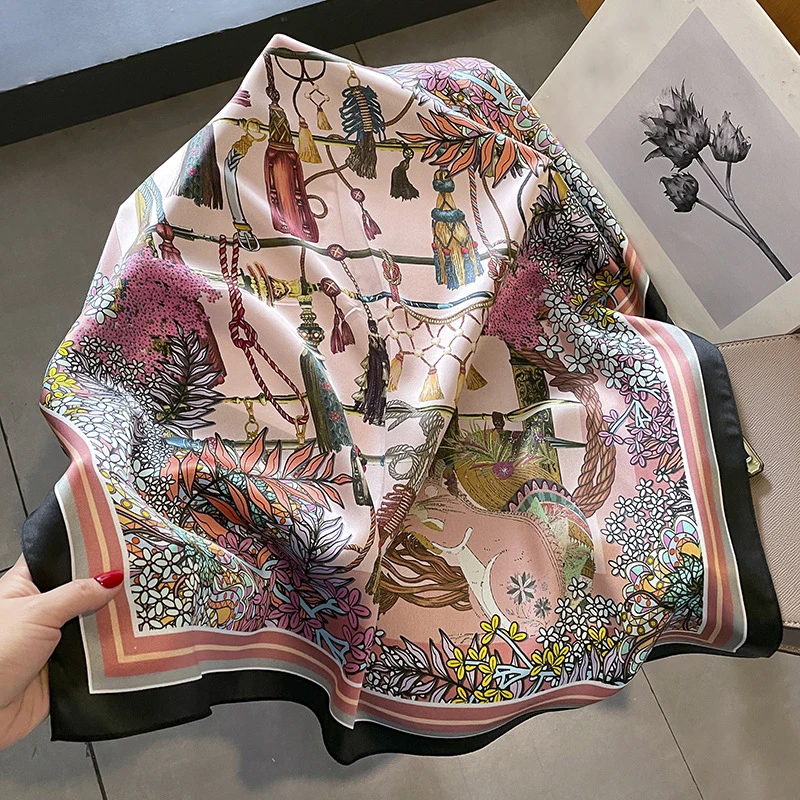 French elegant small floral silk scarf Oil painting floral print 70 mulberry silk small square scarf with decorative