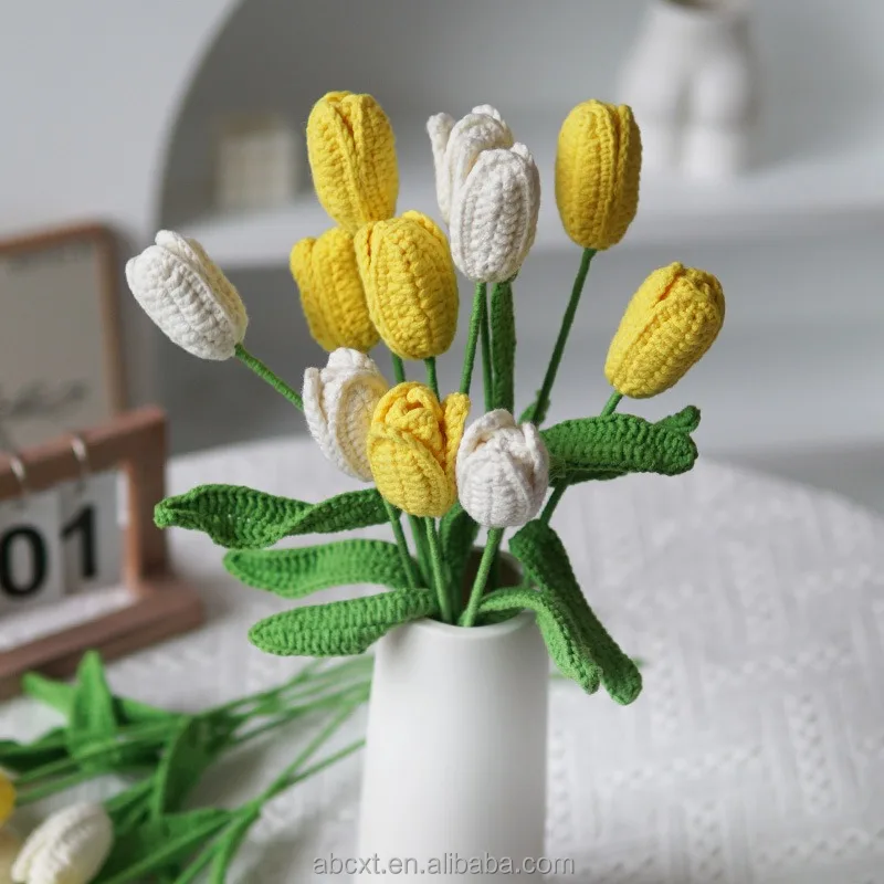 Finished Handmade Crocheting Artificial Craft Flower Wool Yarn Crochet Tulip Single Flower