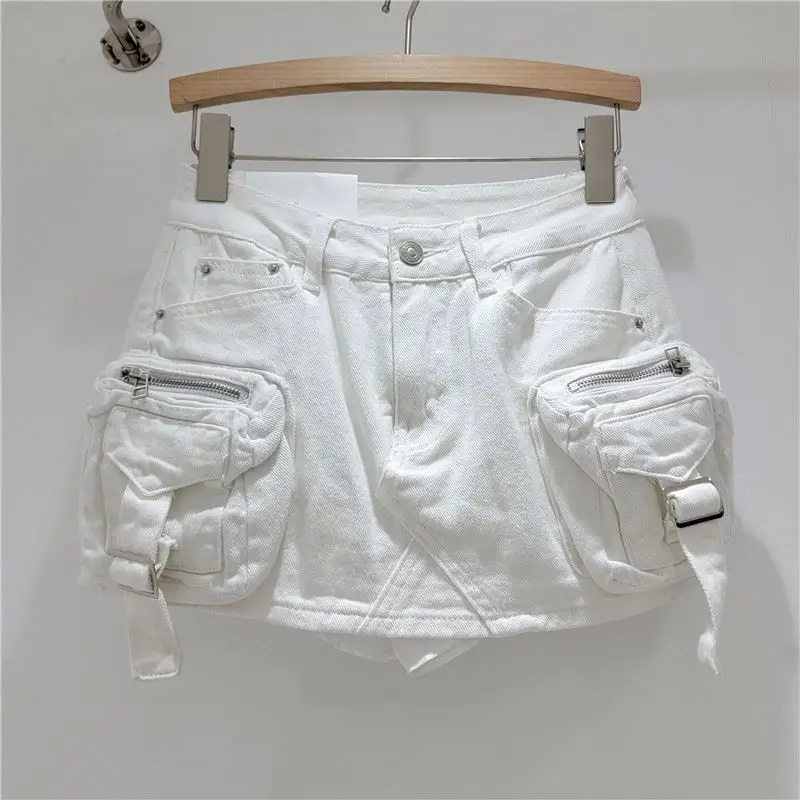 Vintage Denim Shirts Cargo Skirt Fashion Low Waist Mini A-line Jean Skirt With Pockets For Women