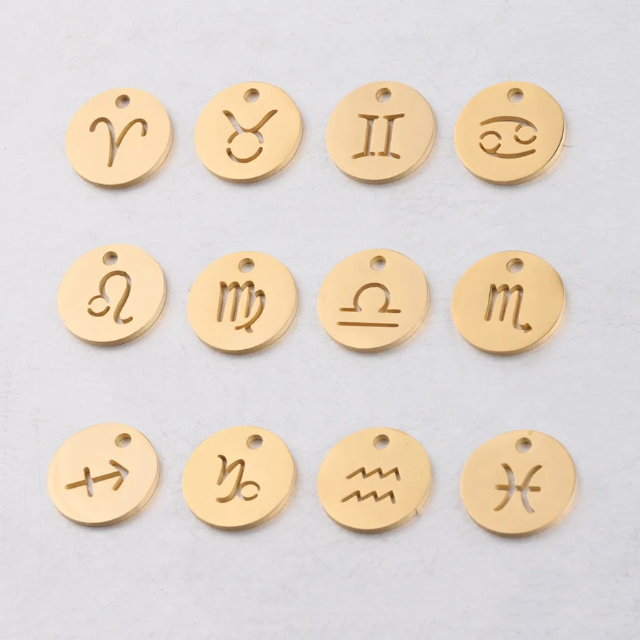 Wholesale Lucky Charm 12 Zodiac Constellations Sign Jewelry Stainless Steel Mirror Polished Pendant for Necklace Bracelet DIY