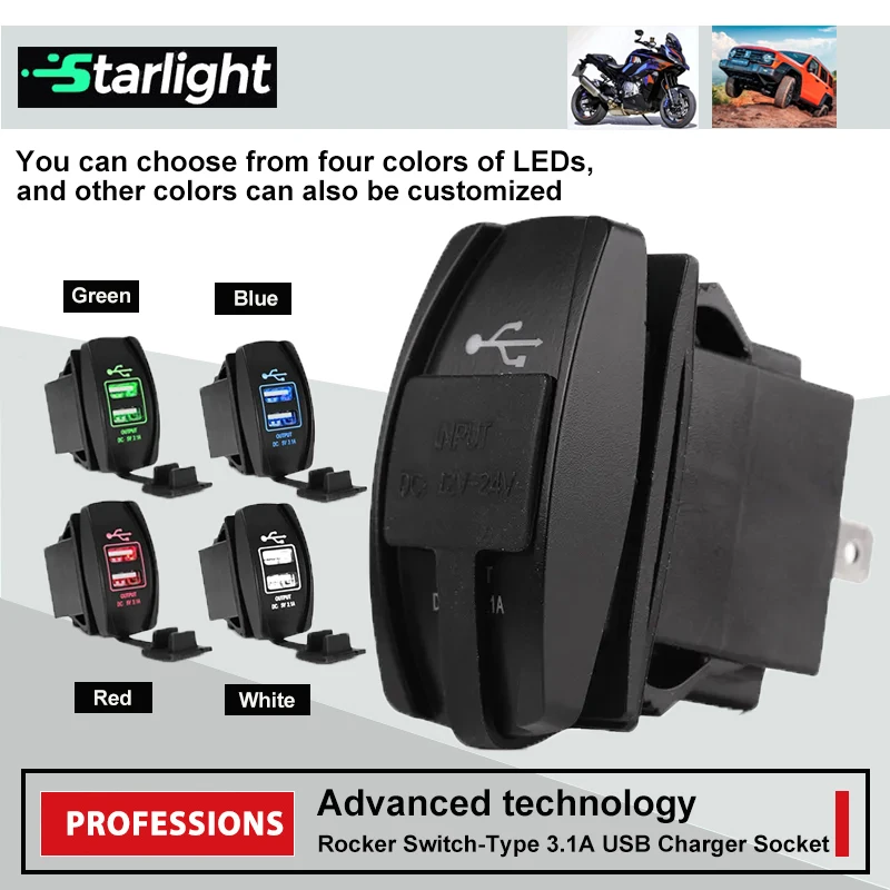 Dual USB Ports Car Charger Rocker Style Switch Waterproof 12-24V 3.1A Power Charge Socket with LED Light for Marine Boat Truck