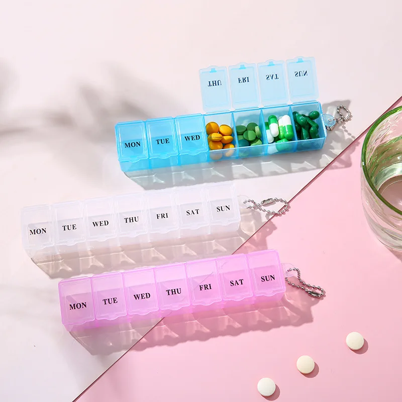 Mini portable rectangular pill box portable transparent 7 grid moisture-proof one week small medicine box for travel pill box