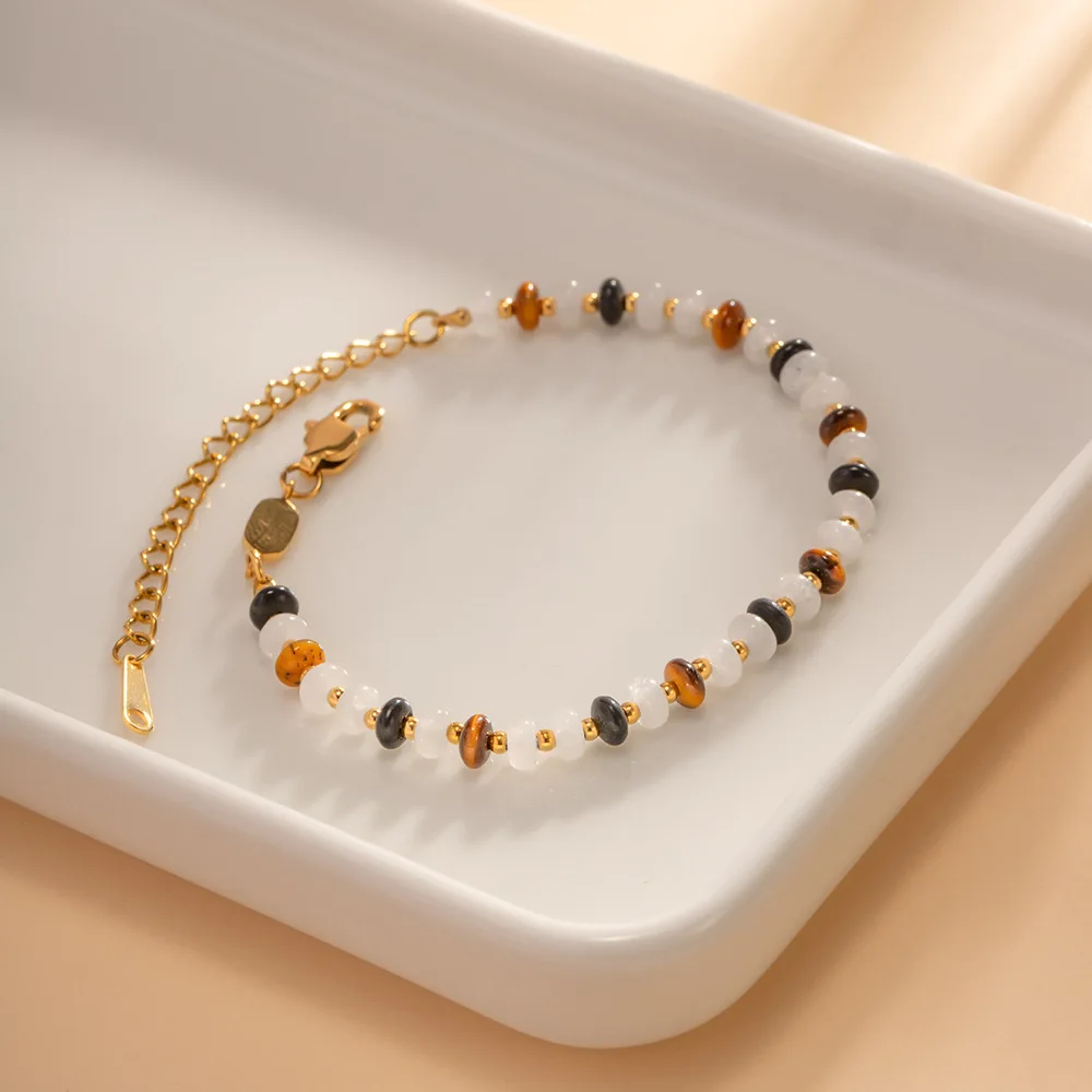 New Wholesale Tiger Eye And Onyx Natural Stones Stainless Steel 18K Gold Tarnish Free Beads Bracelet