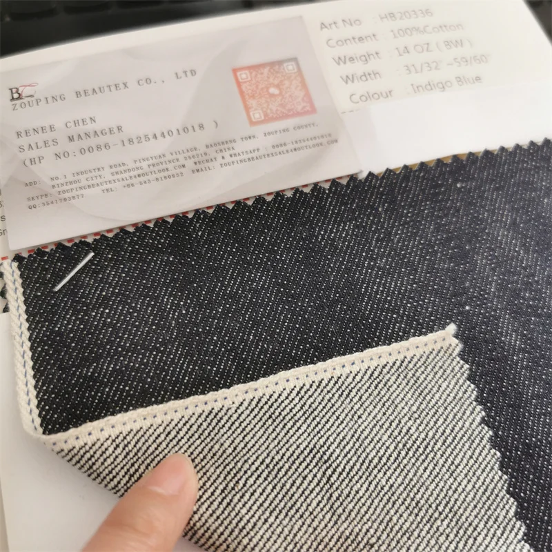 High quality raw cotton denim fabric in blue selvedge