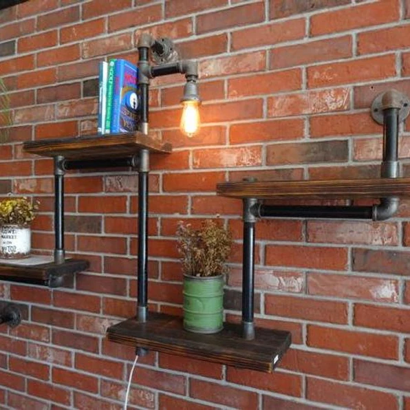 Rustic Industrial Wood and pipe wall shelf   Lamp Room Vintage Industry Iron Loft Water Pipe Shelf Wall Light Bookshelf