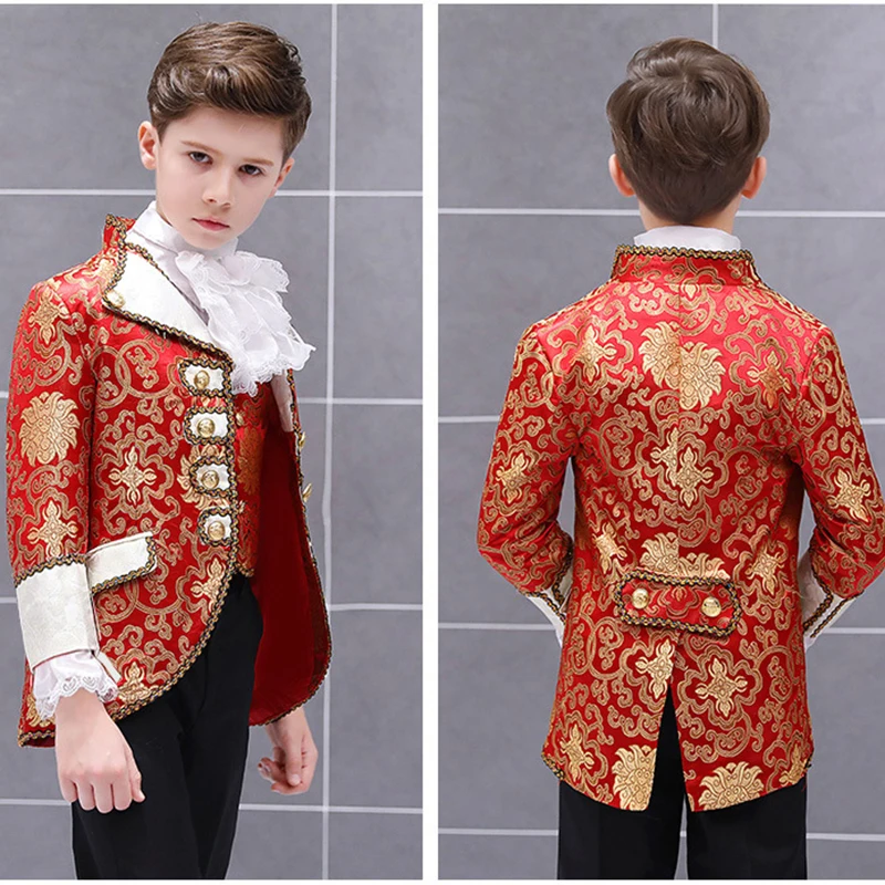 New Vintage Renaissance Antique Floral Patterns Three Pieces Children Boys Suits Performance Prince Charming Cosplay Kids Suit