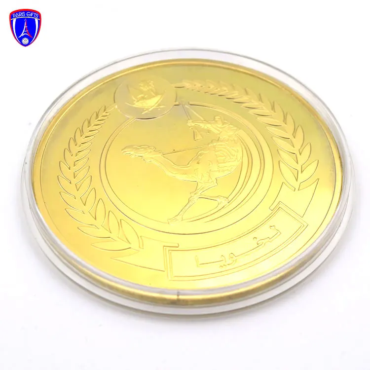 Wholesale high quality coins Saudi Arabia Qatar challenge coin gold plated hydraulic pressure coin with solid wood box