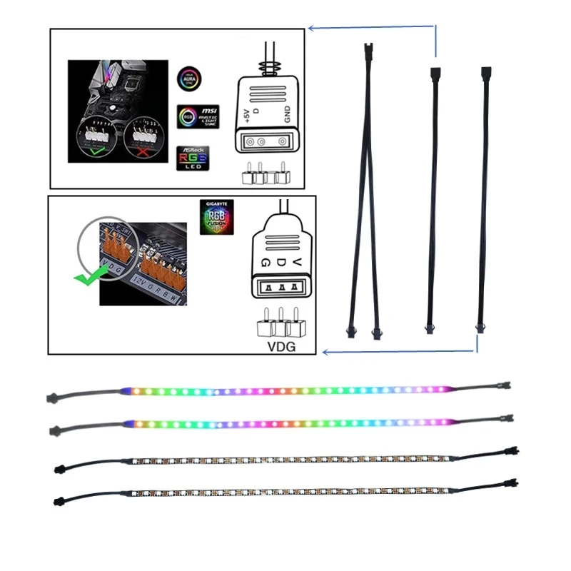 WS2812B IC LED RGB PC Strip 4PCs 19in Individually Addressable 5V 3-Pin Headers For Asus Aura,Asrock,Gigabyte Fusion,MSI Mystic